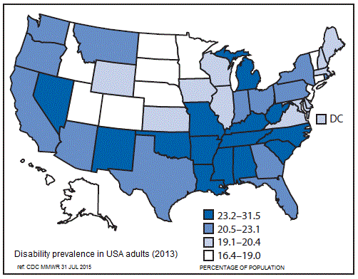 Map showing prevalence of disability in USA adults (2013)